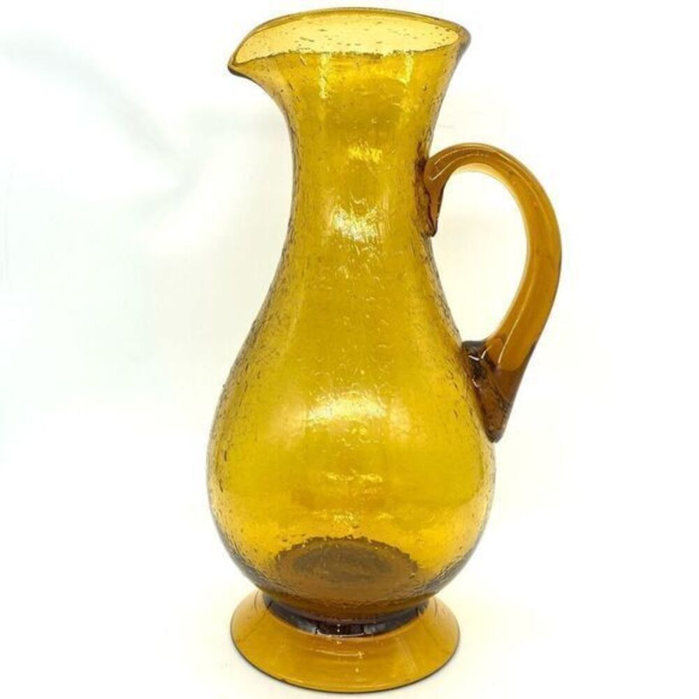 Vintage Blenko Large Hand Blown Amber Crackle Art Glass Vase Pitcher